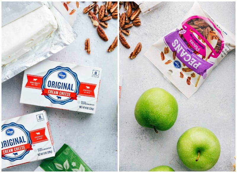 Cream Cheese, Pecans, and Apples for Caramel Apple Cheesecake Bars Ingredients used in recipe including cream cheese and pecans.