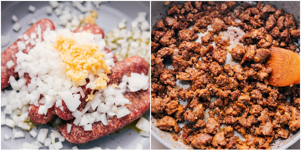 How To Make Crockpot Cowboy Casserole Browning the sausage and sautéing the onion and garlic for this crockpot cowboy casserole.