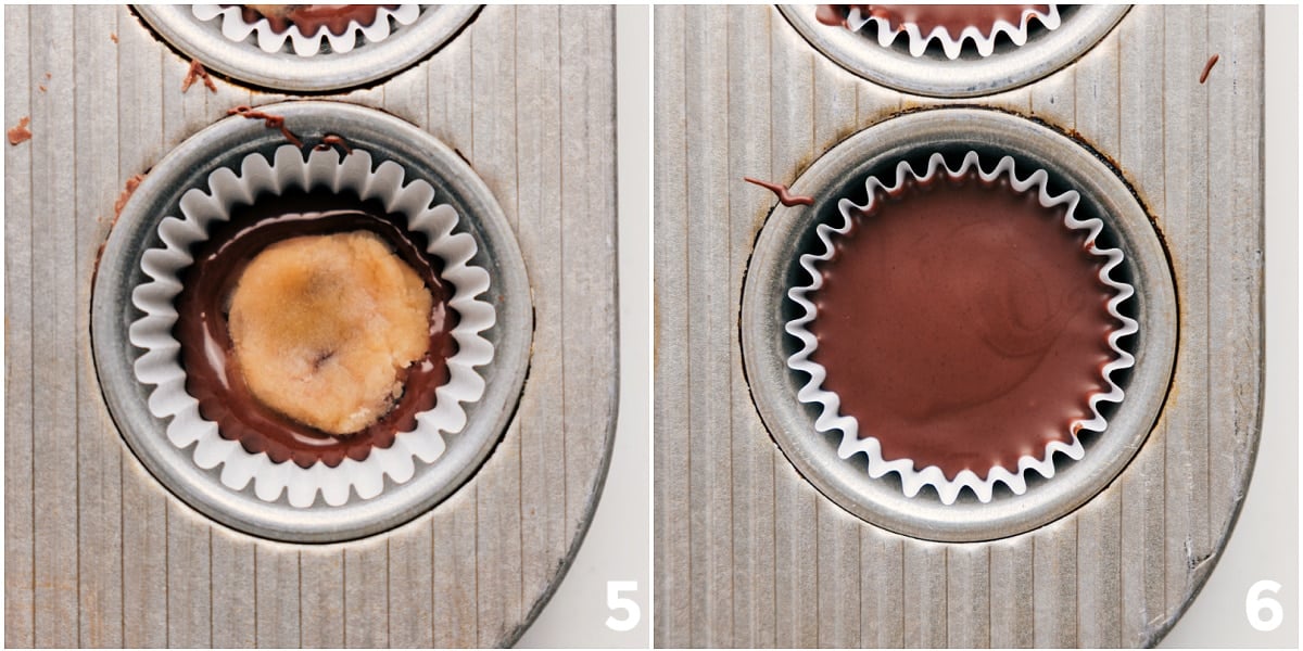 These best ever Cookie Dough Cups are made by loading edible cookie dough in a miniature muffin tin and covering it with melted chocolate -- it ends up kind of like a Reese'sยฎ Peanut Butter Cup but with cookie dough instead of PB!ย Recipe via chelseasmessyapron #dessert #best #quick #easy #simple #chocolate #snack #favorite #cookie #dough #cookiedough #cups
