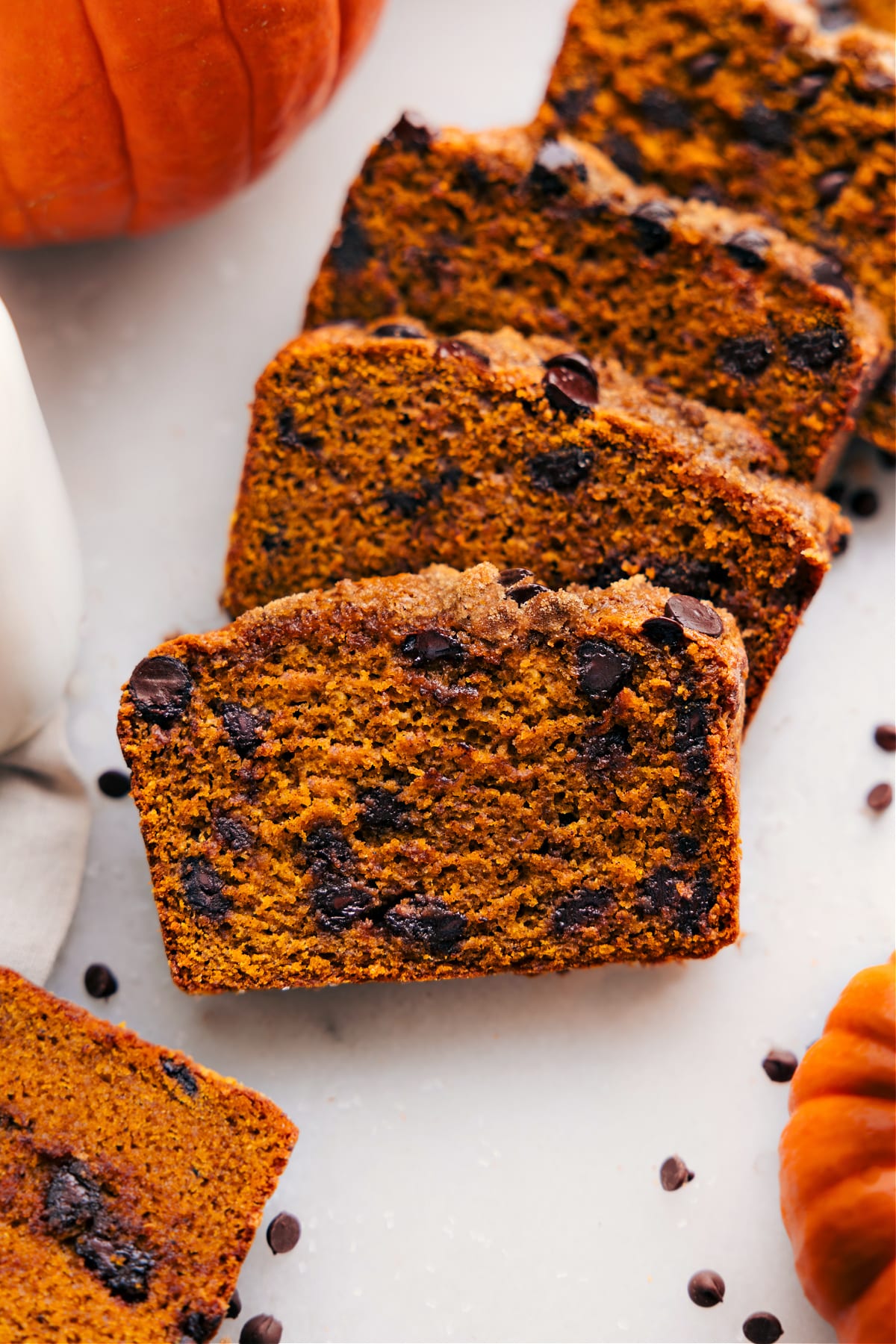 Healthy Chocolate Chip Pumpkin Bread Slices Moist and flavorful healthy pumpkin bread slices with chocolate chips.