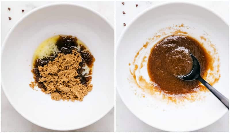 Creating the Perfect Base: Mixing Butter and Sugars for Smooth Edible Cookie Dough! A spoon mixing together melted butter with white and brown sugars in a bowl, creating a smooth texture for this edible cookie dough recipe preparation.