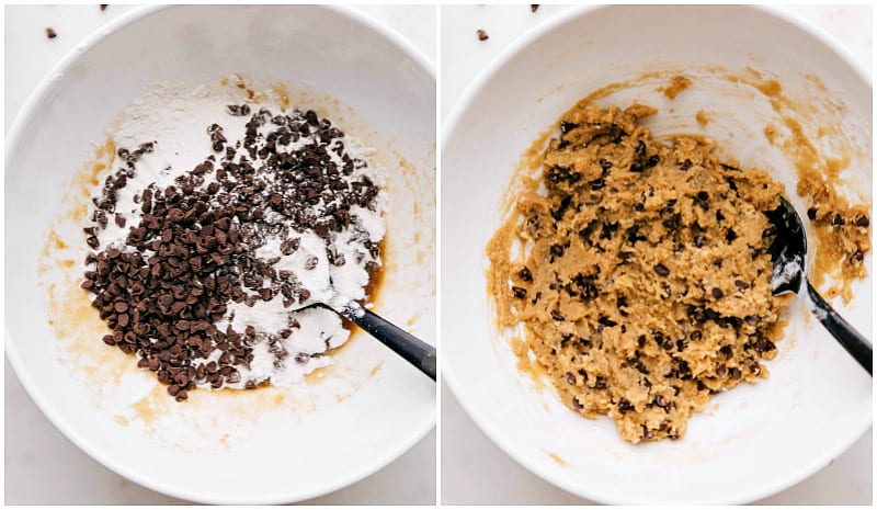 Finishing Touches: Blending Toasted Flour and Chocolate Chips into Edible Cookie Dough! Combining heat-treated, cooled flour and chocolate chips with the wet mixture, being thoroughly mixed to create a uniform treat.