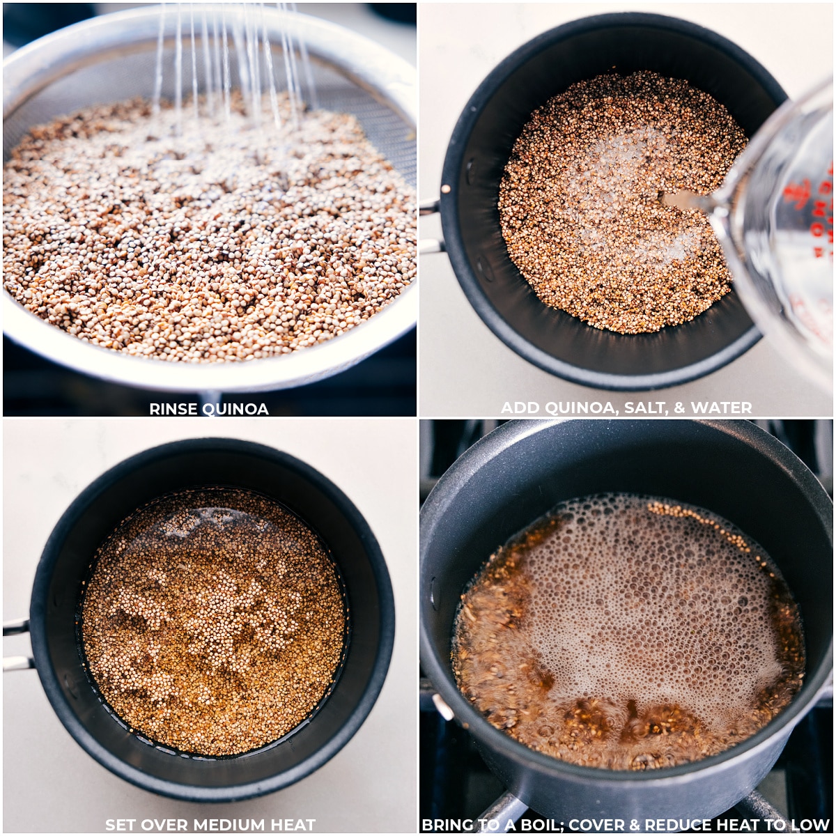 Cooking Quinoa The grain being rinsed and cooked in water and salt.