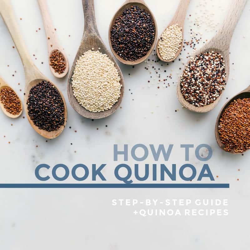 How to cook quinoa step-by-step guide Wooden spoons filled with different varieties of quinoa with text "How To Cook Quinoa : step-by-step guide + quinoa recipes"