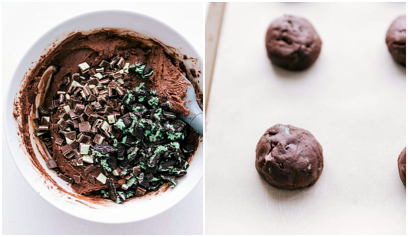 Easy and delicious mint chocolate chip cookies with Andes mints! Process shots of making the cookies ; Oreos added and cookie balls being rolled