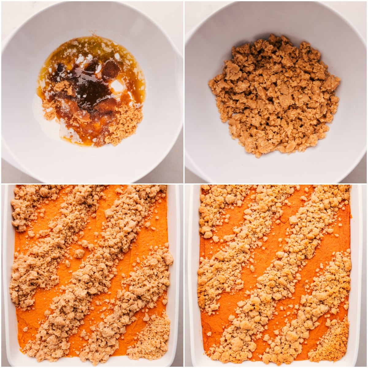 Topping The Sweet Potato Casserole With Streusel The streusel topping going onto the sweet potato casserole.