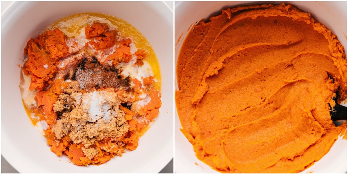 How To Make Sweet Potato Casserole All the filling ingredients added to a bowl and mixed together.