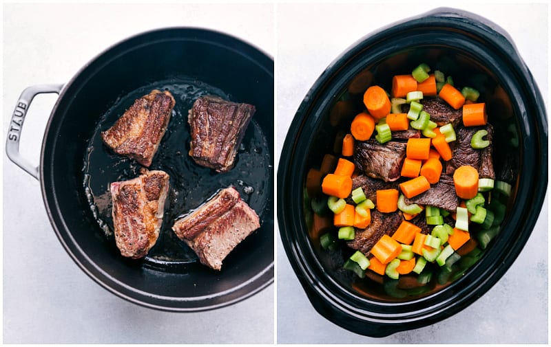 Perfectly seasoned Short Ribs with veggies and a delicious gravy!ย Step-by-step photos and an EASY foolproof recipe! Process shots: Browning the beef short ribs; adding in vegetables.