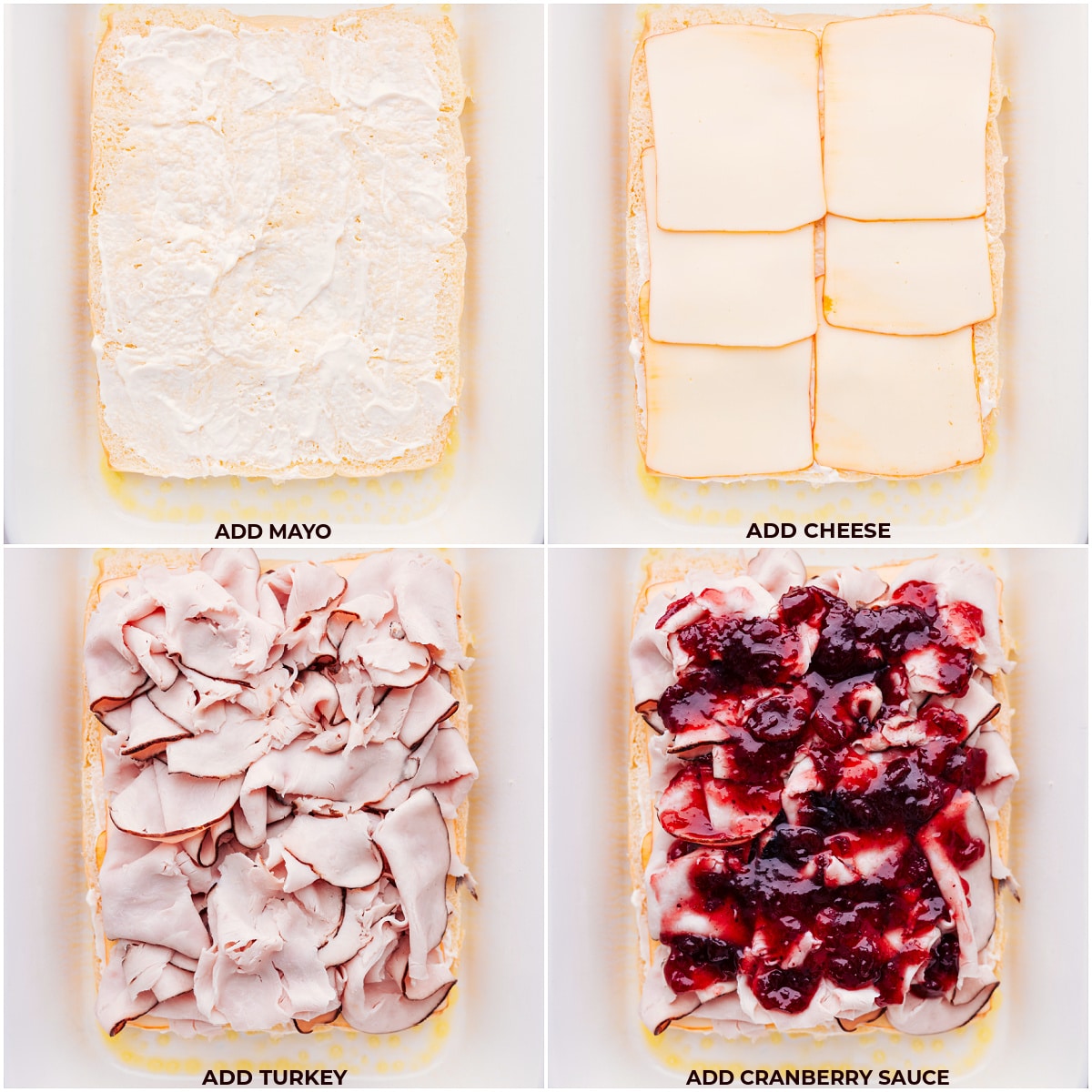 How To Make Turkey Cranberry Sliders Mayo, cheese, turkey, and cranberry sauce loaded onto rolls for this recipe.