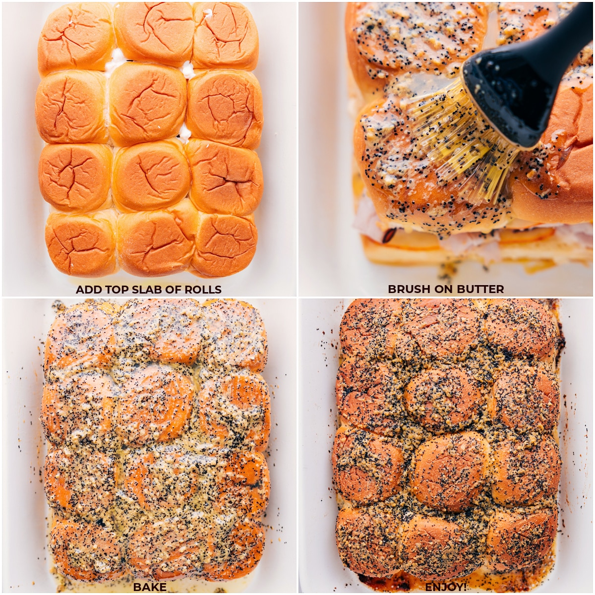 Baking The Sliders For The Ultimate Appetizer: Turkey Cranberry Sliders Butter being brushed on top of the rolls for this turkey cranberry sliders.