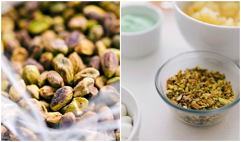 Preparing Pistachios for Recipe Whole and chopped pistachios ready for adding to the recipe.