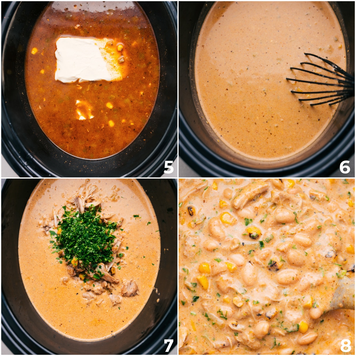 Creamy Crockpot White Chicken Chili Recipe Cream cheese, shredded meat, and herbs being added into the slow cooker.