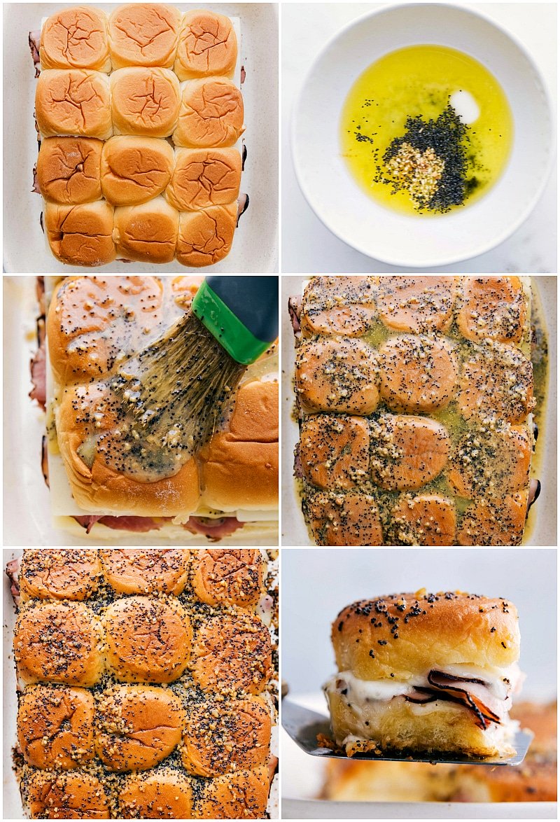 Assembling Ham And Cheese Sliders Adding the top layer of rolls to the dish, then the butter topping being spread on top and it all being baked.