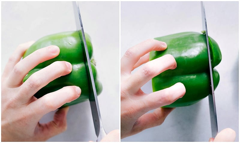 How to cut a bell pepper-- tips and tricks. Overhead image of how to cut a bell pepper.