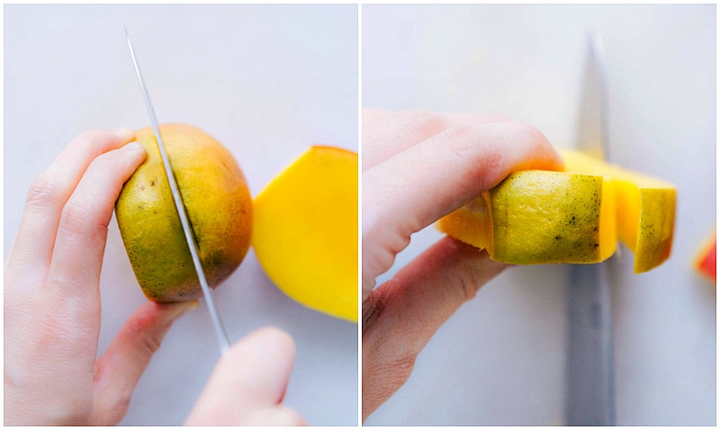 Visual guide on how to cut a up mango into cubes or strips. Plus, all your questions about mangoes answered and plenty of ways to use them! Recipe via chelseasmessyapron #withapit #intoslices #mango #cubes #easy #hacks #withaseed #fun #howtocutamango Image of the mango skin being sliced from the pit.