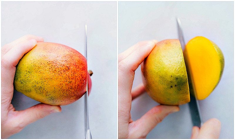 Step-by-step visual guide on how to cut a mango into cubes or strips. Recipe via chelseasmessyapron #withapit #intoslices #cubes #easy #hacks #withaseed #fun #howtocutamango Image of the top being cut off and the sides