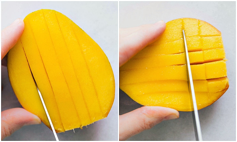 Step-by-step visual guide on how to cut a mango into cubes or strips. These hacks will save tons of time! Recipe via chelseasmessyapron #withapit #intoslices #cubes #easy #hacks #withaseed #fun #howtocutamango Slicing a mango