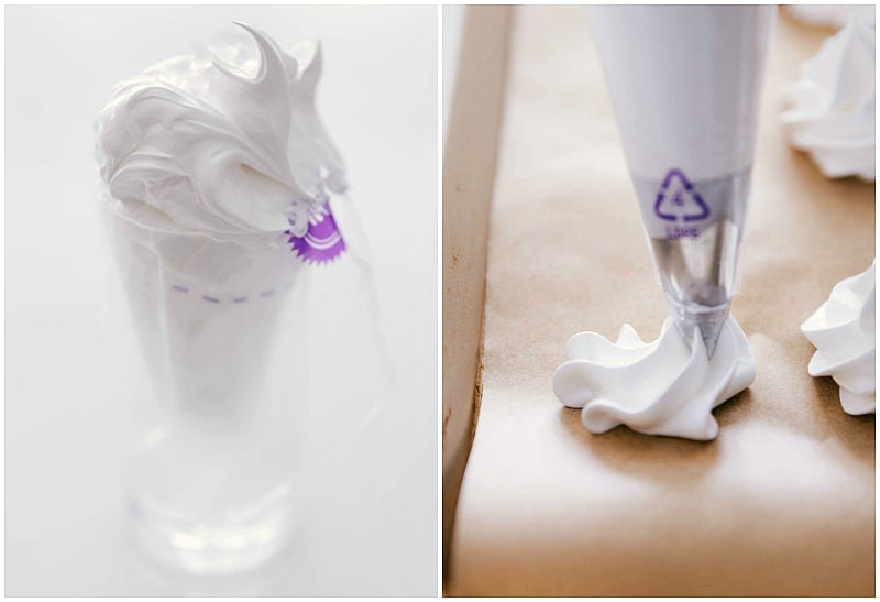 Light, airy, crispy and fat-free: Meringue Cookies! Pastry bag used to pipe this meringue cookie recipe onto a baking sheet.