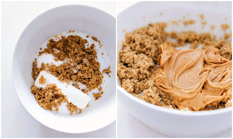 Peanut Butter Blossoms feature a chewy peanut butter base stuffed with a chocolate kiss. The secret to the best blossoms? Keeping the cookies small and rolling them in sugar before baking! Process shot: creaming butter and sugars together; adding in peanut butter