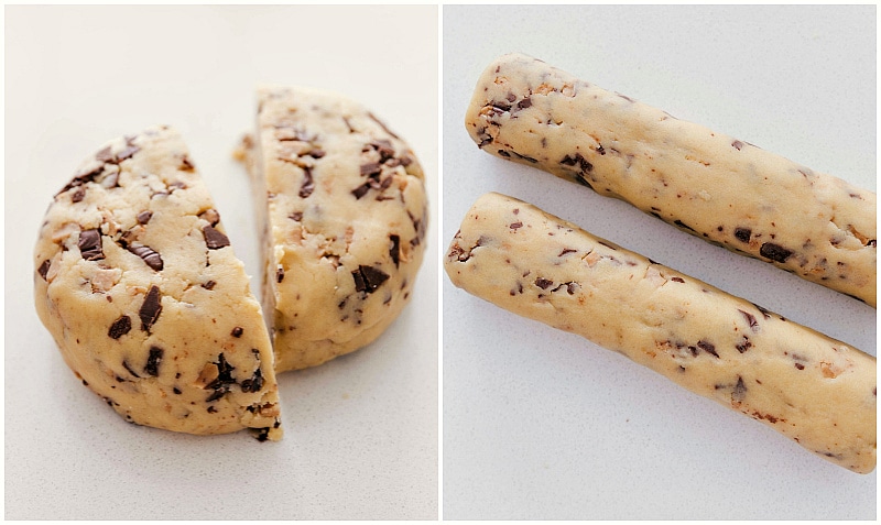 Flavorful Toffee Shortbread Cookies showcase crisp sugared edges dipped or drizzled in chocolate. They're the perfect holiday cookie! Toffee Shortbread Cookie dough rolled into cylinders