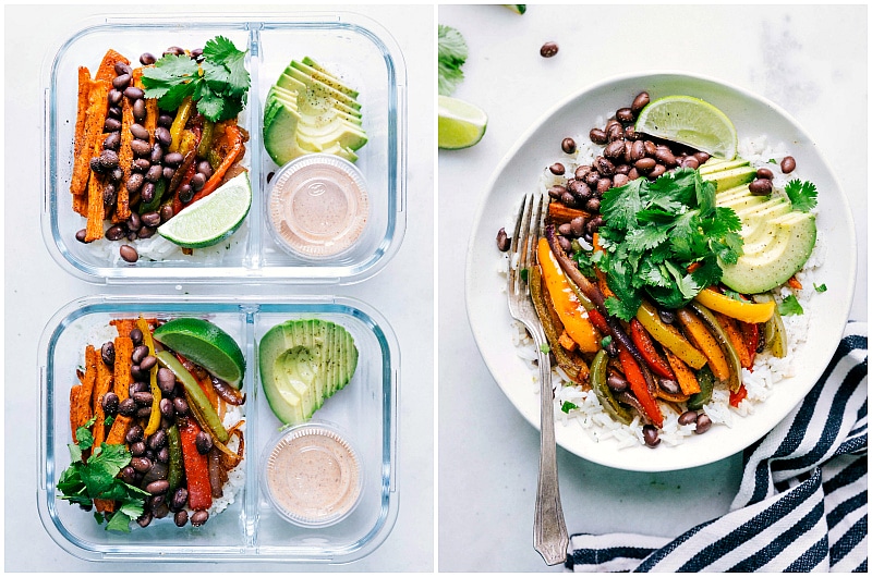 Veggie-packed "fajitas" in a bowl with perfectly seasoned sweet potatoes, bell peppers, and onion. Vegetarian Fajitas as meal prep or a dinner bowl.