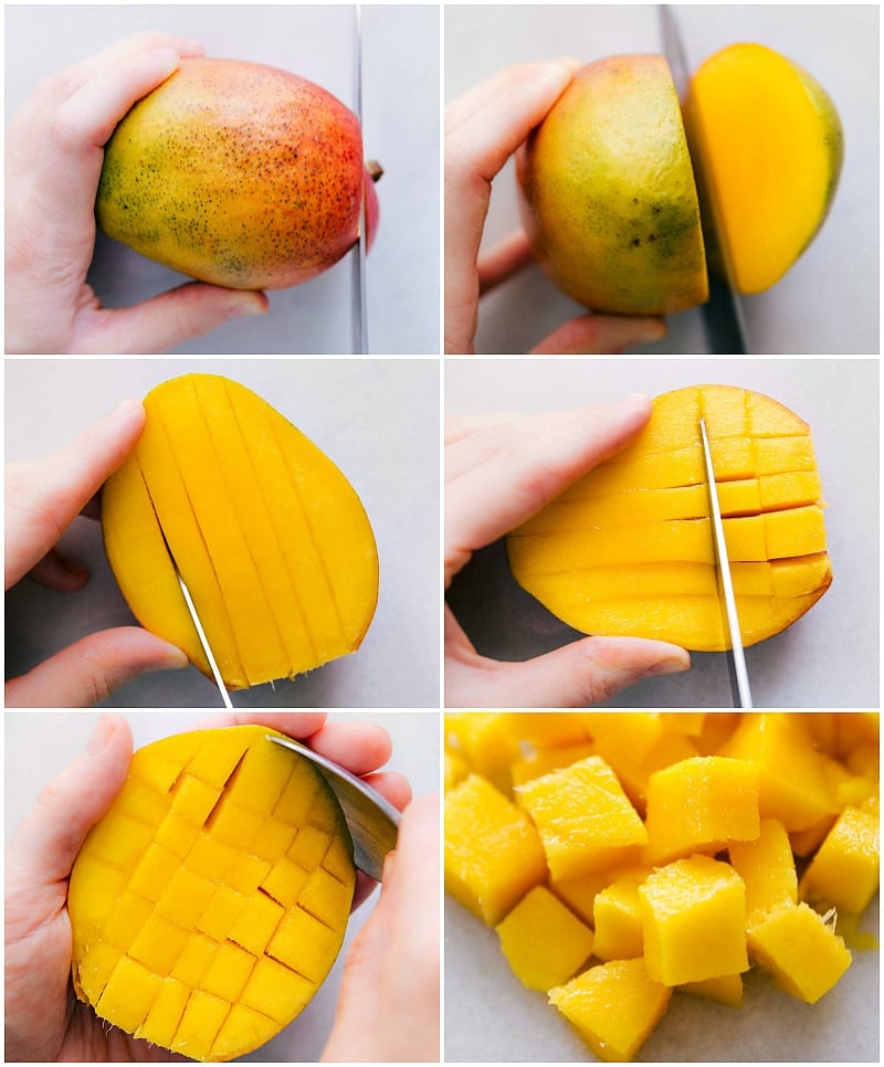 Do you know how to cut a mango? Mango Salsa is our go-to recipe when mangoes are ripe and in season! Recipe via chelseasmessyapron #recipe #easy #pineapple #salmon #chicken #fishtacos #shrimp #tilapia #mango #salsa Overhead image showing how to cut a mango
