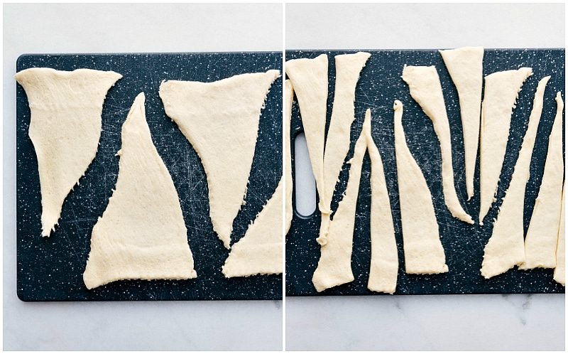 Petite Pigs in a Blanket -- cocktail franks wrapped in crescent roll dough and topped with an "everything bagel" seasoning make a quick and easy party appetizer! Recipe via chelseasmessyapron #crescentrolls #recipe #easy #withhotdogs #puffpastry #withbuscuits #mini #pigsinablanket Process shots of the dough being cut and prepared