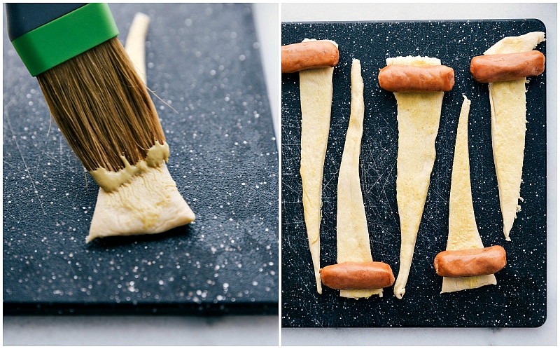 Petite Pigs in a Blanket -- cocktail franks wrapped in crescent roll dough and topped with an "everything bagel" seasoning make a quick and easy party appetizer! Recipe via chelseasmessyapron #crescentrolls #recipe #easy #withhotdogs #puffpastry #withbuscuits #mini #pigsinablanket Process shots: Making Pigs in a Blanket adding the mini hot dogs on the dough