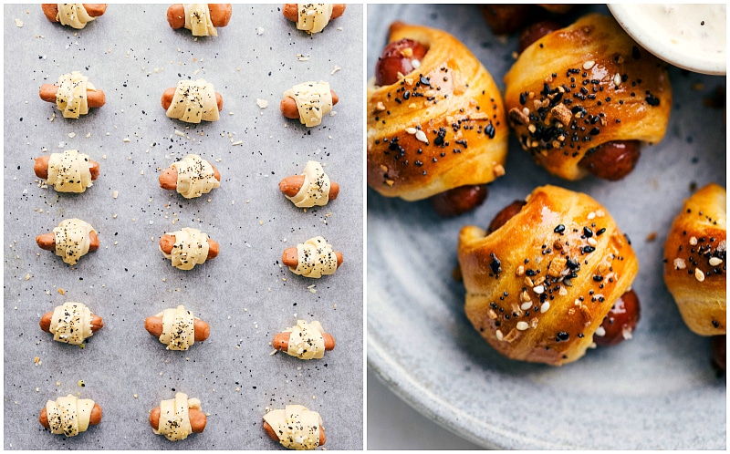 Petite Pigs in a Blanket -- cocktail franks wrapped in crescent roll dough and topped with an "everything bagel" seasoning make a quick and easy party appetizer! Recipe via chelseasmessyapron #crescentrolls #recipe #easy #withhotdogs #puffpastry #withbuscuits #mini #pigsinablanket Before and after baking these Pigs in a Blanket