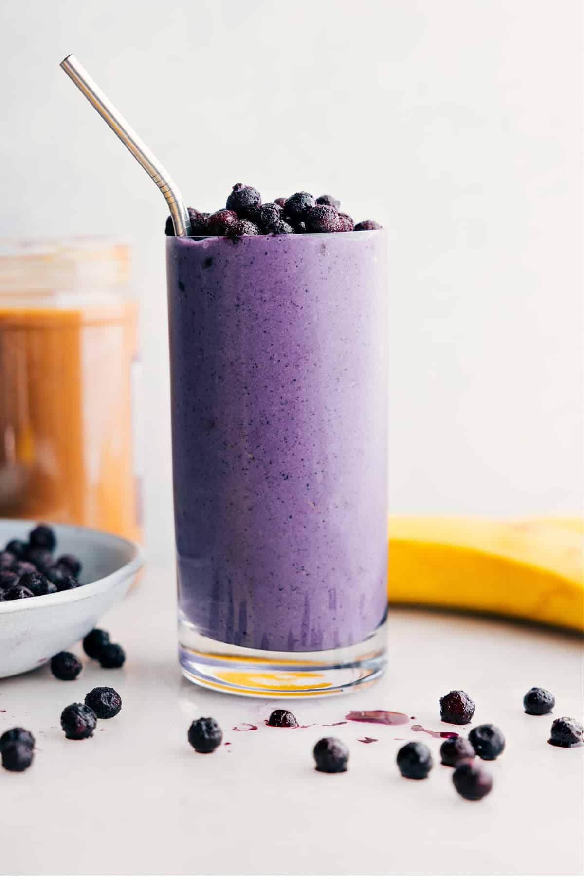The best blueberry smoothie recipe blended up and served in a cup for the ultimate, refreshing breakfast.