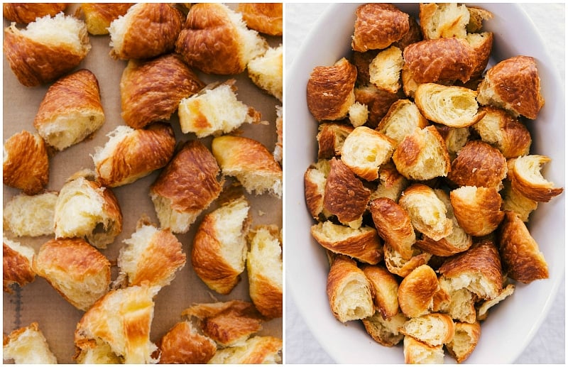 Prepping Bread Pieces for a Classic Bread Pudding Recipe Chopped bread pieces being prepared for the bread pudding recipe.