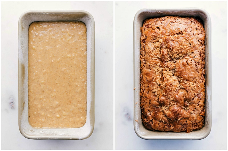 Easy Banana Bread recipe is a family favorite! If you're looking for a way to use ripe bananas, you have to give this recipe a try! Unbaked and baked Easy Banana Bread