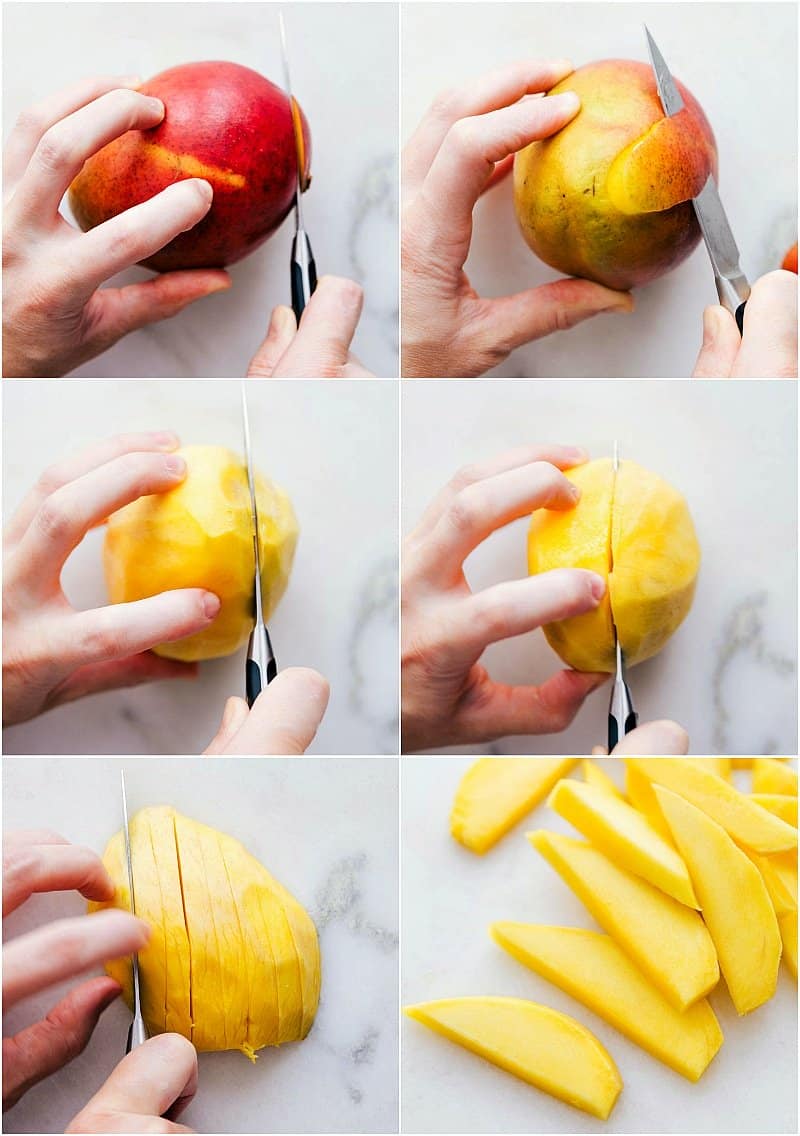 Step-by-step visual guide on how to peel and cut a mango into cubes or strips. Plus, all your questions about mangoes answered and plenty of ways to use them! Recipe via chelseasmessyapron #withapit #intoslices #cubes #easy #hacks #withaseed #fun #howtocutamango Peeling and cutting a mango