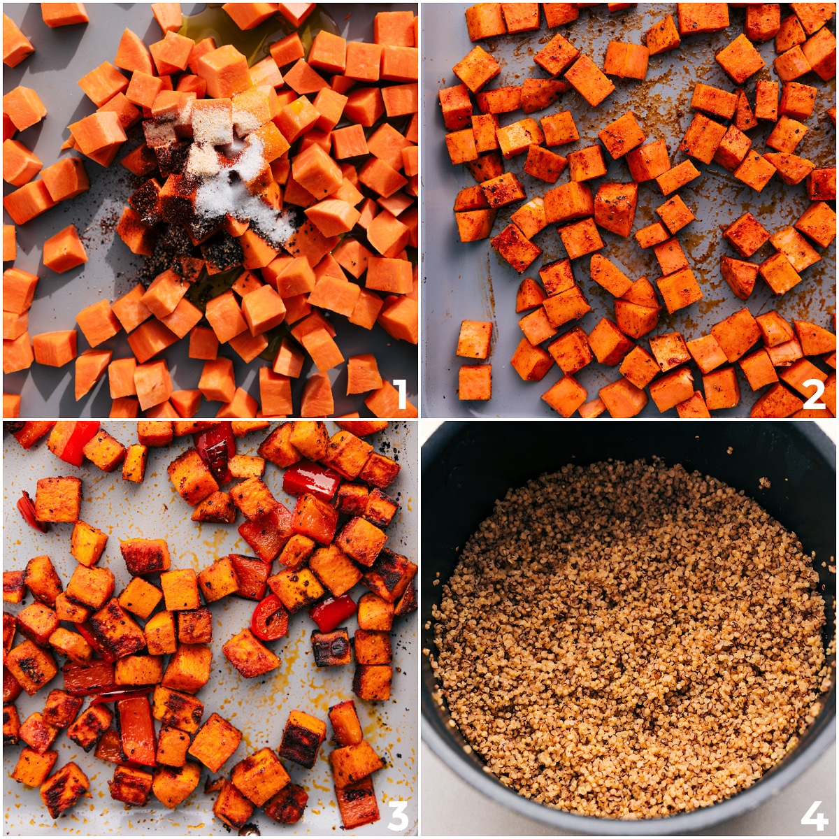 Roasted Sweet Potato Quinoa Black Bean Salad Roasting the sweet potatoes and cooking the quinoa for the quinoa black bean salad.