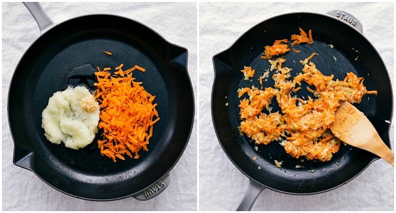 Turkey Meatloaf is made with ground turkey, plenty of veggies, and a delicious tangy glaze. They're so easy to make and packed with good-for-you healthy ingredients. Turkey Meatloaf can be made ahead of time and leftovers store well (great weekly meal prep option). Overhead image of the onion, garlic, and carrots being sautรฉed for Turkey Meatloaf .