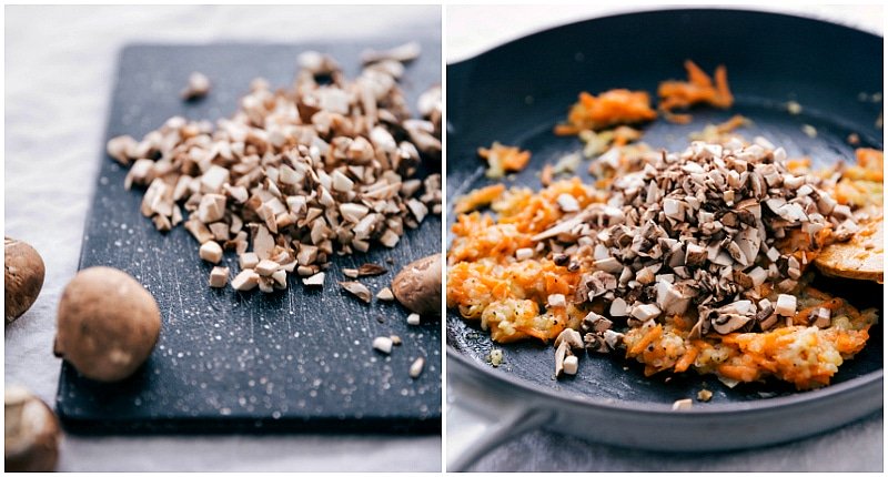 Cooking Process: Adding Mushrooms to Sautรฉed Vegetables Mushrooms being added to sautรฉed vegetables for the recipe.