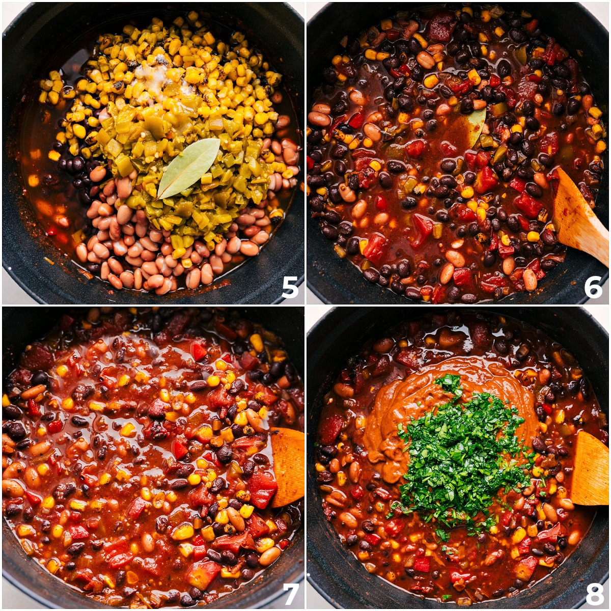 The Best High Protein Vegetarian Chili Beans, chiles, and broth go in, then simmer together. Half the mixture gets blended for a great consistency.