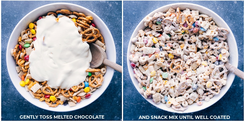 The most amazing White Chocolate Chex Mix -- cereal, pretzels, peanuts, and M&M's, all coated in white chocolate. Recipe via ChelseasMessyApron #dessert #best #quick #easy #simple #m&ms #familyfriendly #kidfriendly #pretzels #cereal #whitechocolate #snackmix Process shots-- images of the white chocolate being mixed together with everything