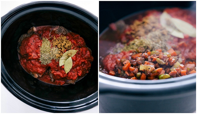 Slow Cooked Beef Ragu Beef, tomatoes, seasonings, and bay leaves added to the slow cooker for this beef ragu recipe to cook together.
