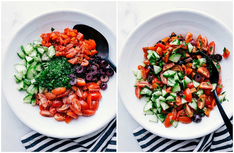 Vibrant Vegetable Topping with Tomatoes, Cucumber, Olives, Roasted Red Peppers, and Fresh Parsley Colorful topping of diced tomatoes, cucumber, olives, roasted red peppers, and fresh parsley to top the potatoes.