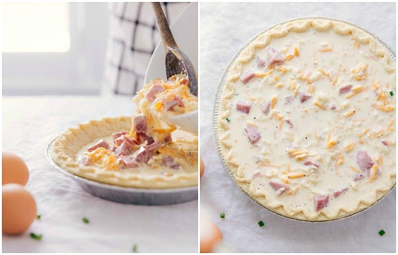 Adding Ingredients to the Pie Crust for Ham and Cheese Quiche Pouring ingredients into the crust.