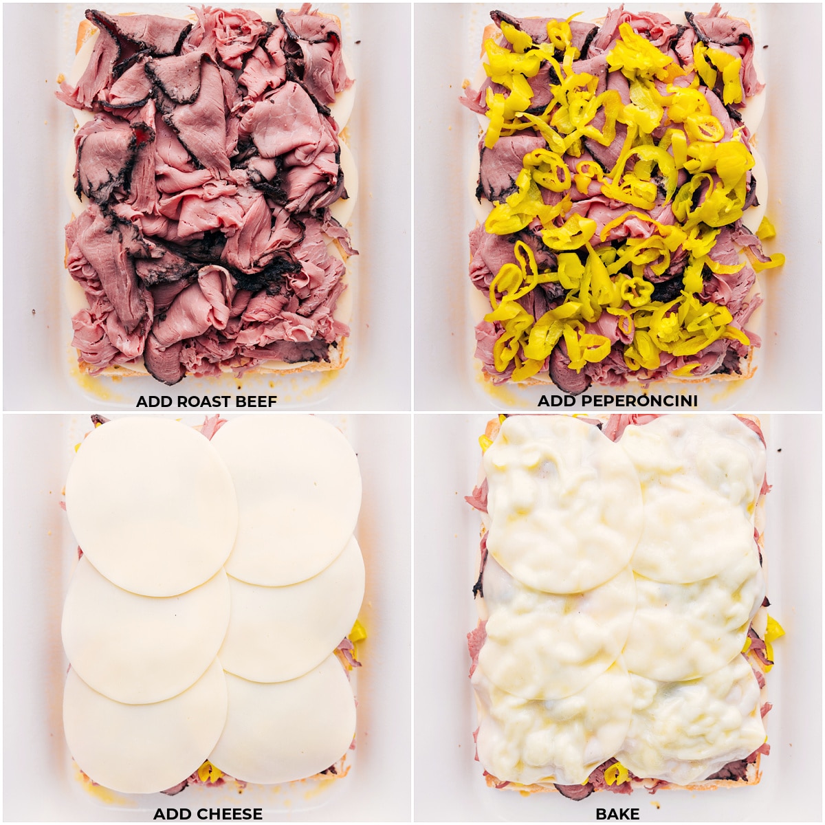 Our Favorite Italian Beef Sliders Meat, pepperoncini, and cheese being layered onto the rolls.