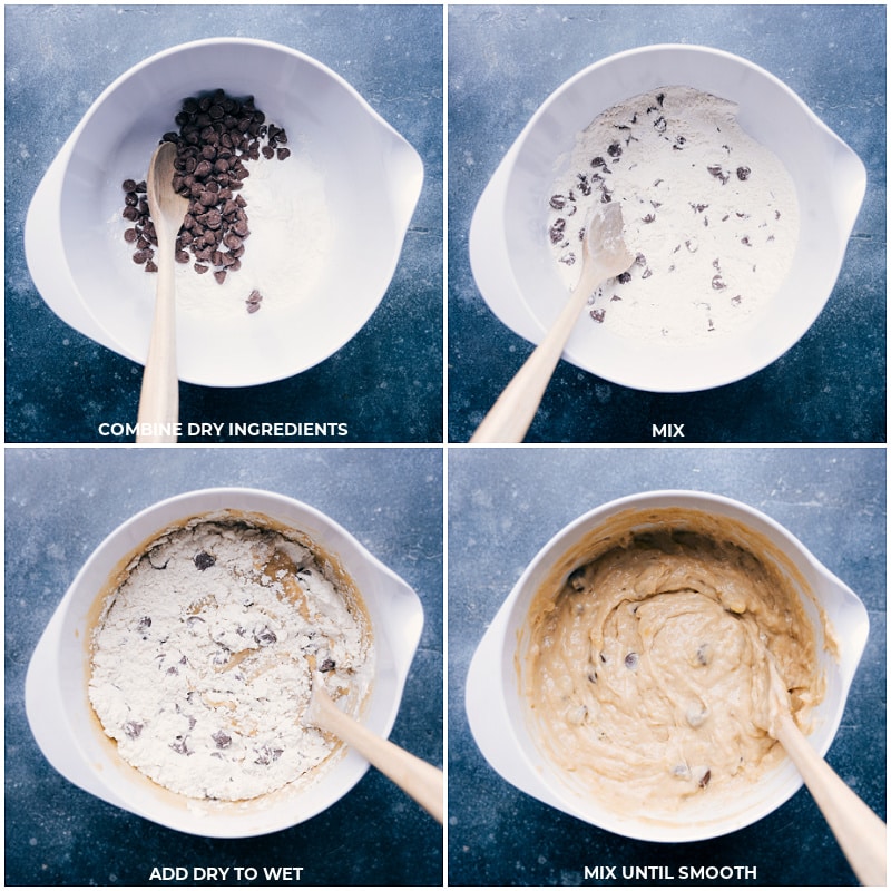 Super-moist banana bread swirled with Nutella and chocolate chips. Nutella Banana Bread is my all-time favorite sweet bread; it's flavorful and loaded with chocolate! Recipe via ChelseasMessyApron #breakfast #dessert #quick #easy #simple #best #chocolate #nutella #banana #bread #bananabread Process shots-- images of the dry and wet ingredients being combined