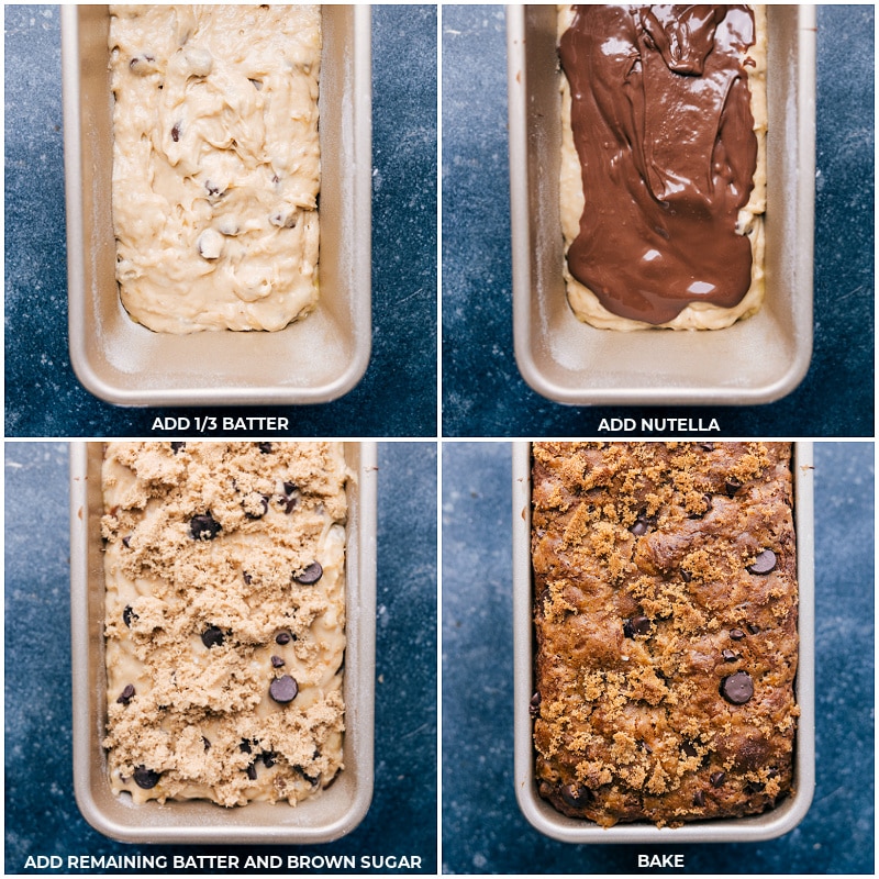 The best Nutella Banana Bread is my all-time favorite sweet bread; it's flavorful and loaded with chocolate! Recipe via ChelseasMessyApron #breakfast #dessert #quick #easy #simple #best #chocolate #nutella #banana #bread #bananabread Process shots of nutella banana bread-- images of the batter and Nutella being layered into the pan