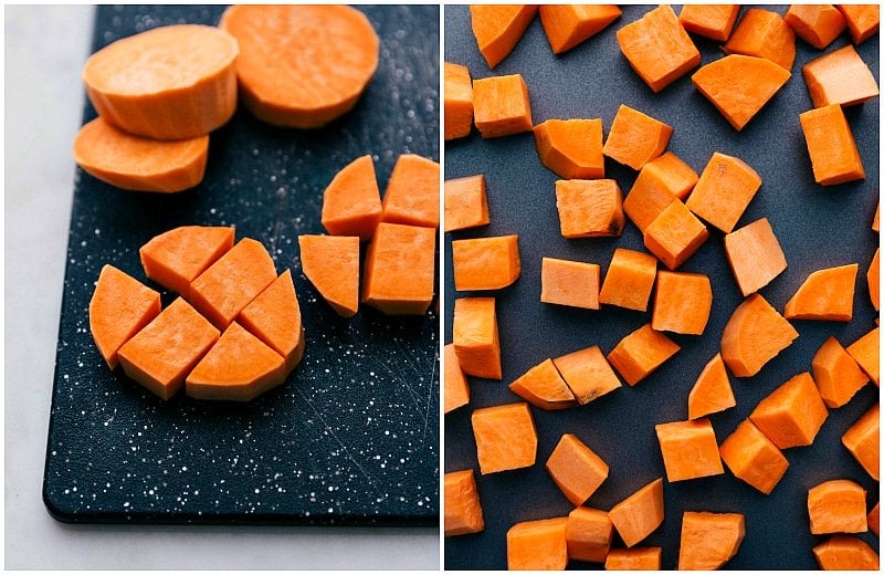 Cutting a sweet potato into equal-sized 1/2 inch cubes for roasting Sweet potato rounds chunked into equal sizes