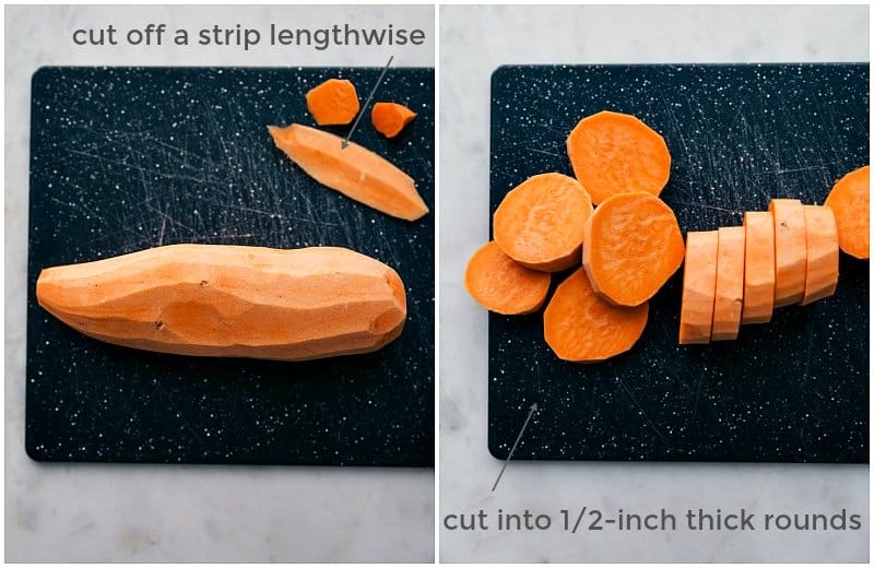 Cutting a sweet potato into equal chunks will ensure that it roasts evenly Shot of cutting a sweet potato into rounds