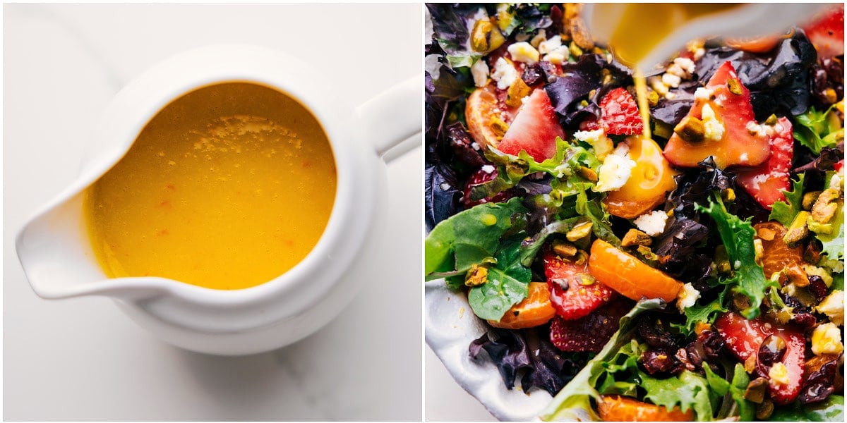 Refreshing And Delicious Orange And Strawberry Salad The dressing prepared in a container and then poured over the strawberry salad.