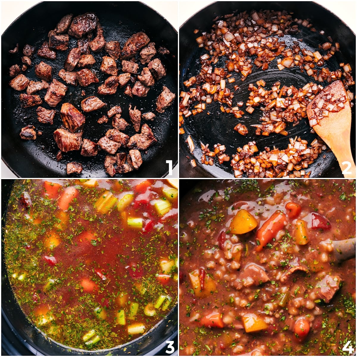 How To Make Slow Cooker Beef And Barley Soup Beef finishing its sear, then onions being sautéed before adding everything into the crockpot.