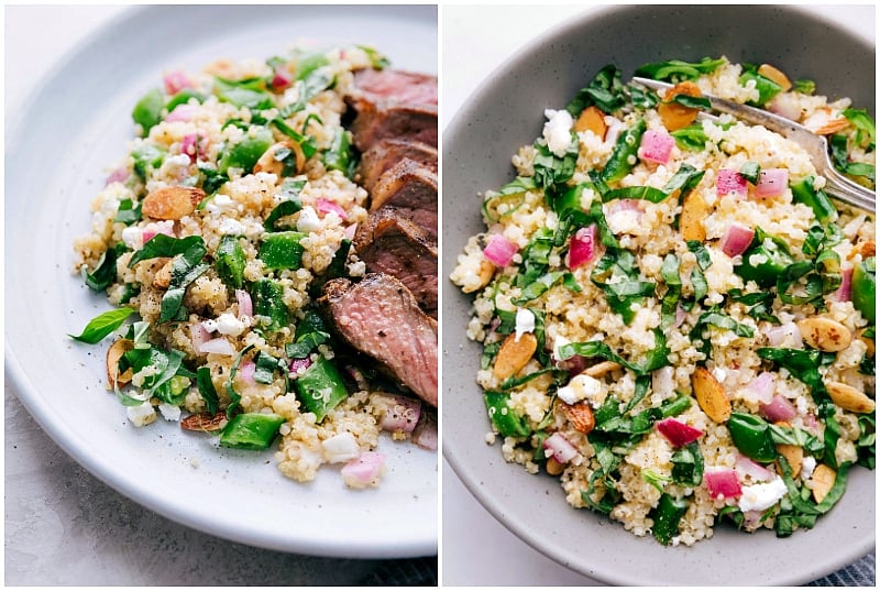This fresh herb-filled Spring Quinoa Salad is easy to make and is packed with good-for-you ingredients and dressed with a zippy lemon vinaigrette! Serve it alongside some grilled steak (with a 2-ingredient rub!) for a protein-packed and filling meal. chelseasmessyapron.com #spring #quinoa #salad #steak #easy #quick #healthy #onion #basil #almond Finished shot of Spring Quinoa Salad.