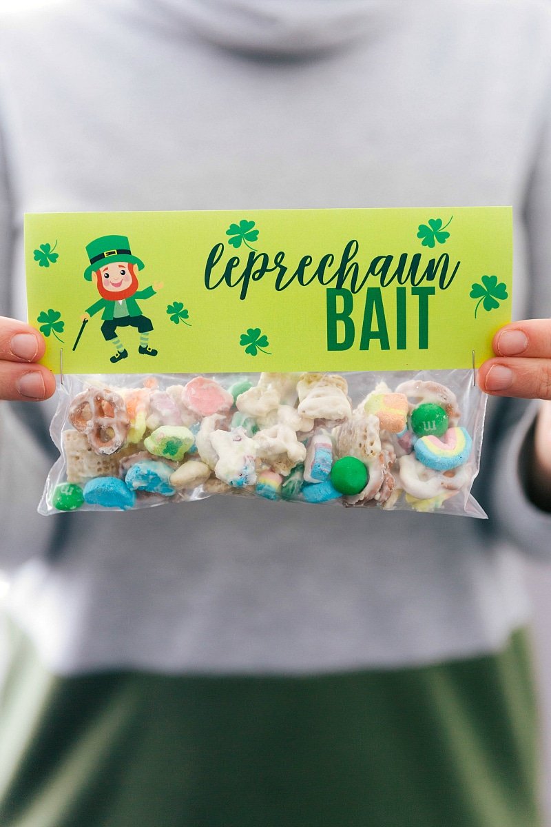 If you're looking to make adorable St Patrick's Day Treats for friends, family, neighbors, etc. this is your one-stop shop of inspiration! Four treat ideas with individual bag toppers, plus more inspiration and links to the best St Patrick's Day treats on the internet. Via ChelseasMessyApron.com #printables #treats #holiday #green #stpatricksday #candy #quick #easy Leprechaun bait in a bag.